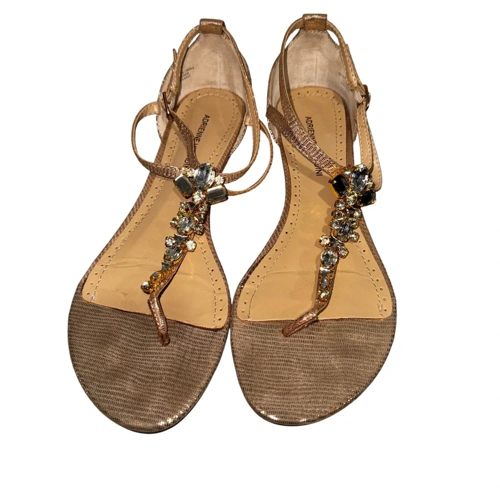 Adrienne Vittadini Shimmer Lizard Print Jeweled Thong Wedge Sandals 7.5 w‎ box
